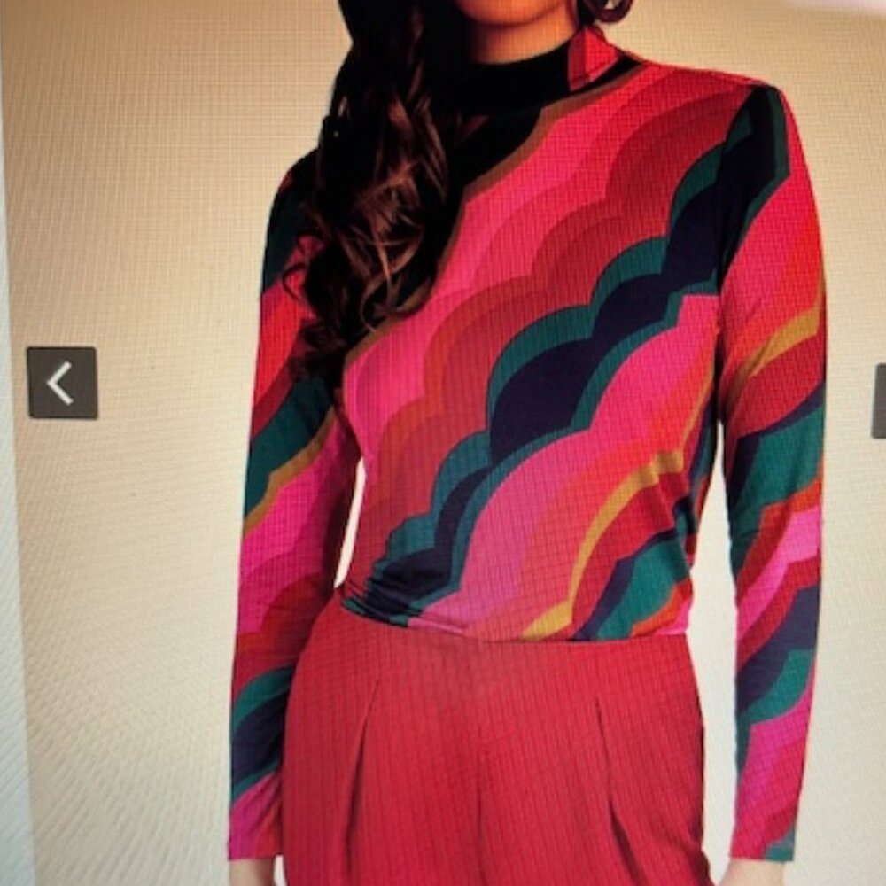 Trina Turk Pierce Multi-Colored Scallop Print Jersey Knit Mock Neck Top